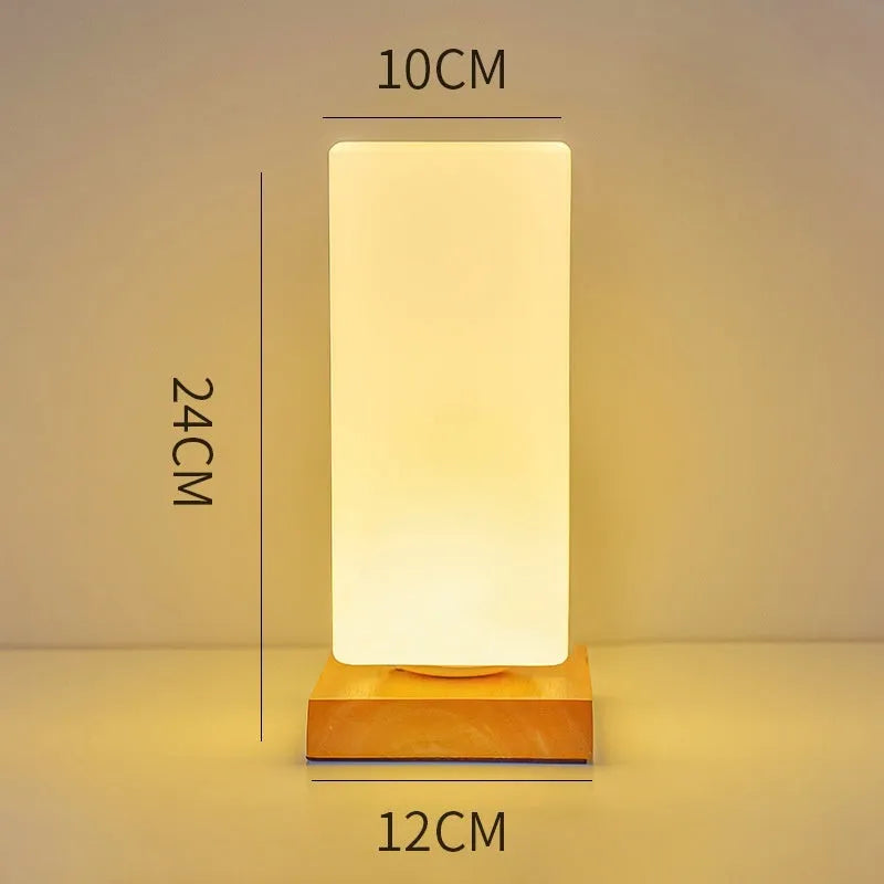 Nordic solid wood USB table lamp with touch dimming, 150x180mm size, and white light shapes on a bedside table