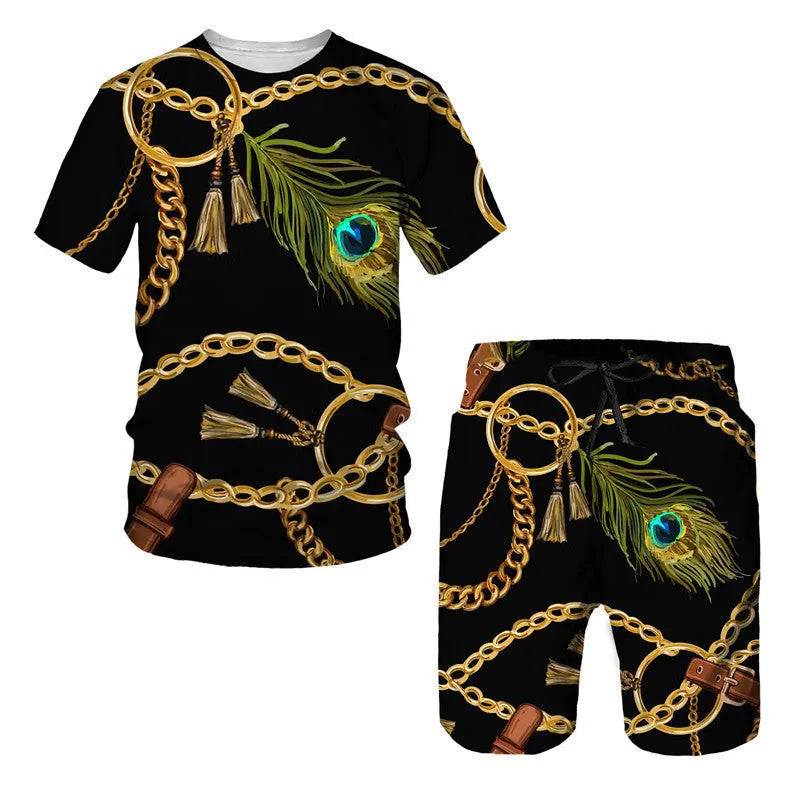 Chain pattern digital printed short sleeve T-shirt and shorts matching suit set for summer.