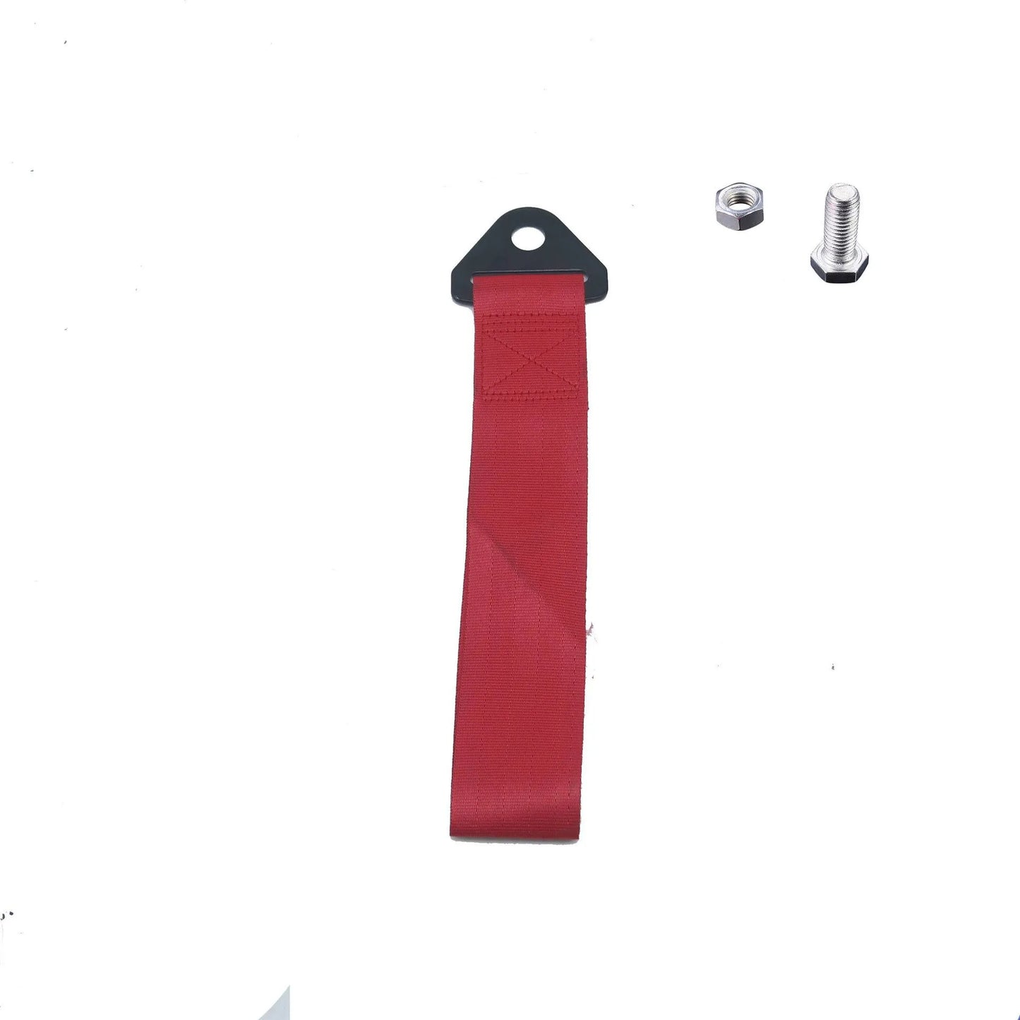 Red automotive trailer rope with bumper ribbon for vehicle towing