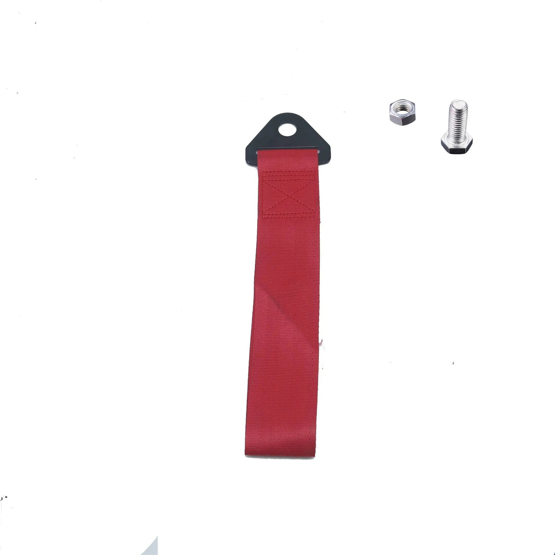 Red automotive trailer rope with bumper ribbon for vehicle towing
