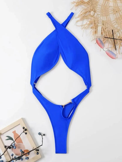 Women's solid blue one-piece swimsuit bikini on a mannequin