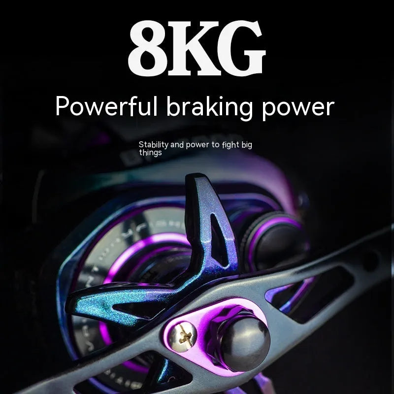 Colourful water drop shaped BM2000 fishing reel with magnetic brake, shown in left and right-hand models.