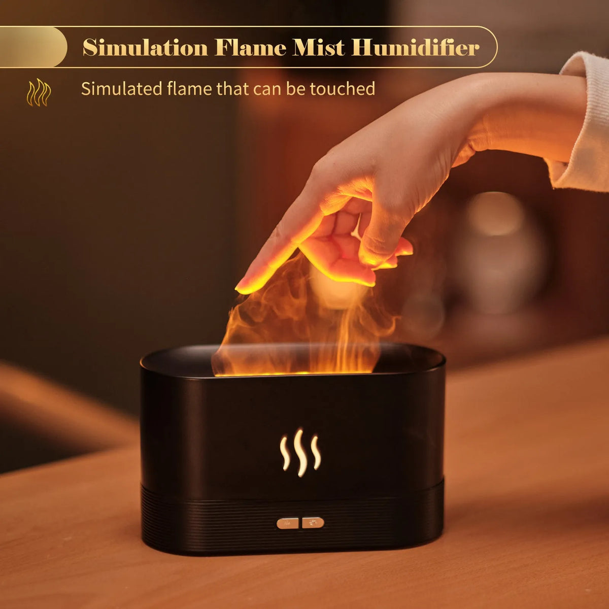 Square black aroma diffuser with flame light effect and mist output, 75x75x137mm