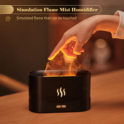 Square black aroma diffuser with flame light effect and mist output, 75x75x137mm