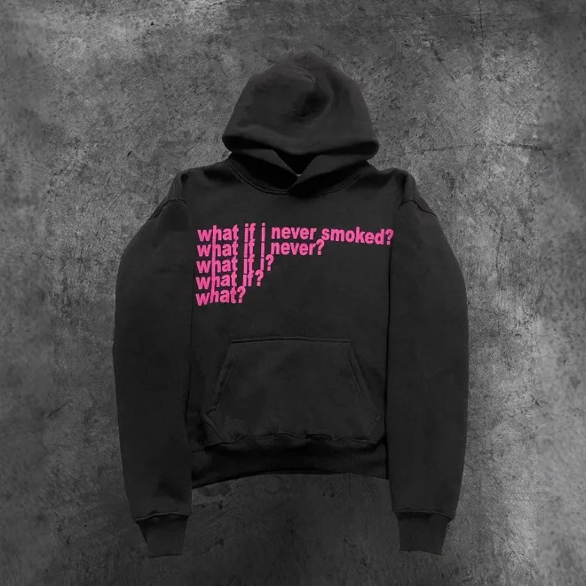 Black hooded pullover sweater with a large letter print on the front, shown on a model.
