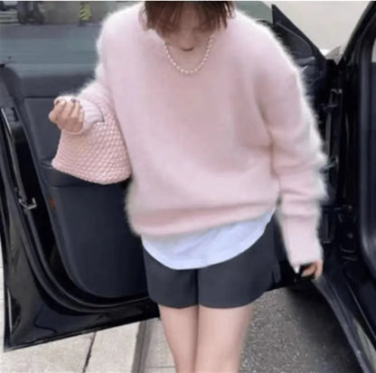 Loose pullover sweater for women, polyester, long sleeve, 50cm length, solid colour idle style