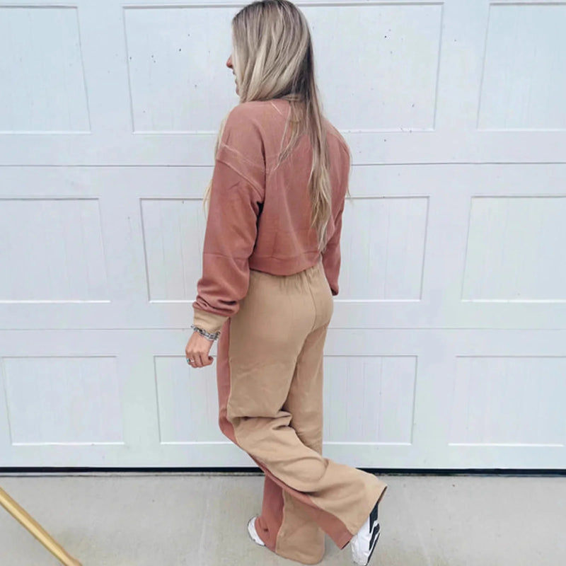 Women's fashion sports and leisure colour matching suit in camel with cotton fabric, available in sizes S to XXL for versatile European and American style outfits