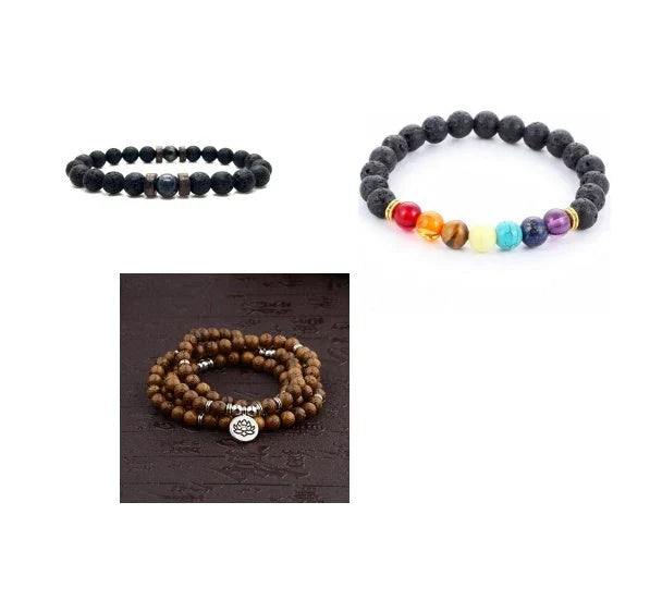 Stylish men's bracelet made with natural volcanic stone, flash stone, and wood chip in a geometric, mosaic-like design
