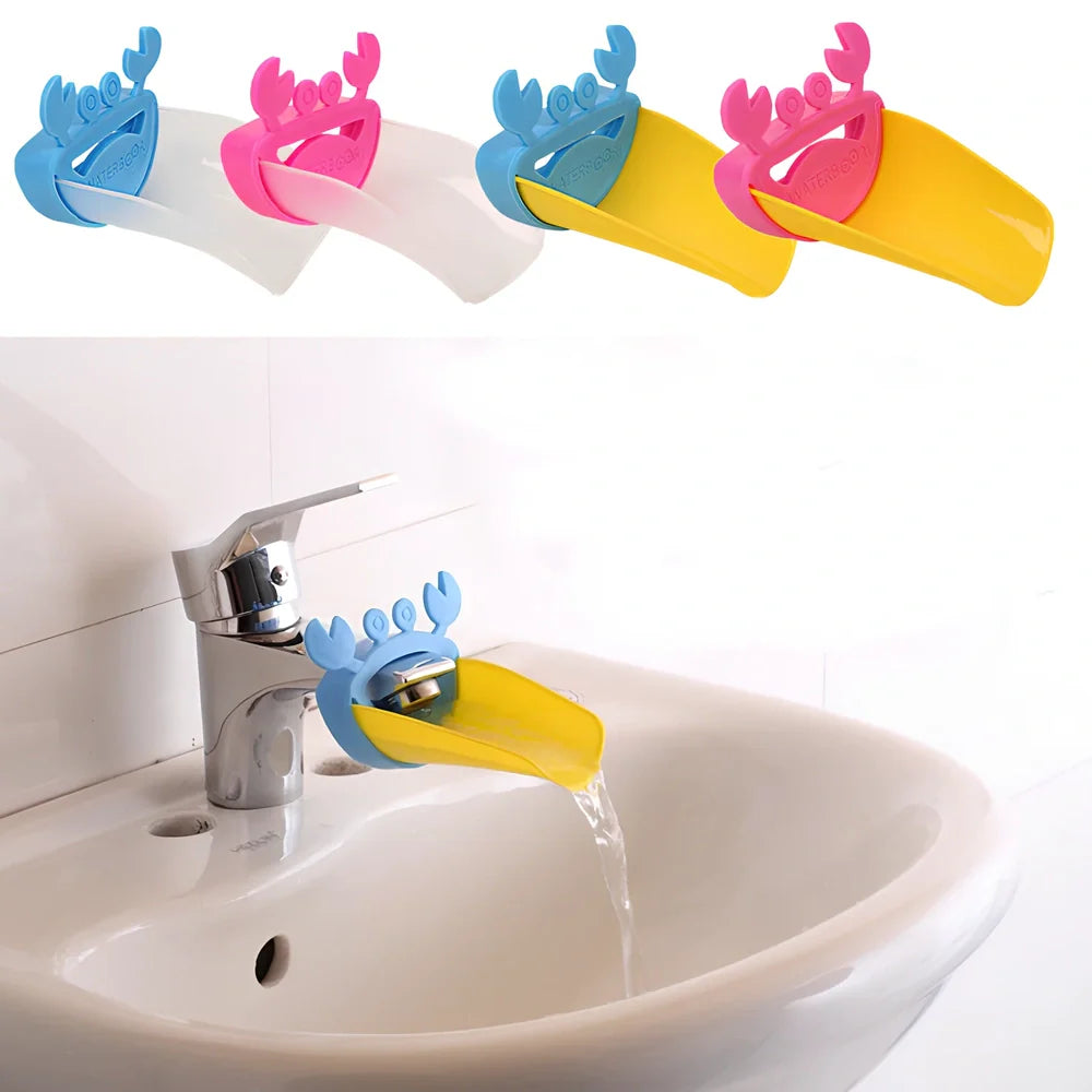 Multicolor crab-shaped polyethylene faucet extender, 8x11x6cm, for kids' bathroom hand washing on UK taps