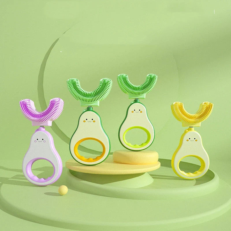 Creativity Baby Q Cute Teeth U-shaped Silicone Toothbrush in light yellow and sea foam green