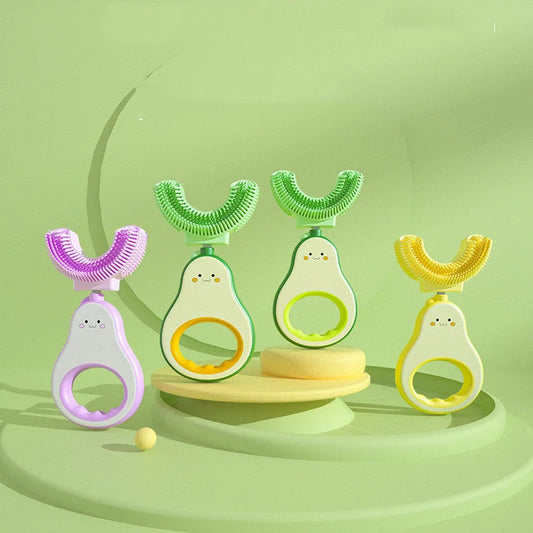 Creativity Baby Q Cute Teeth U-shaped Silicone Toothbrush in light yellow and sea foam green