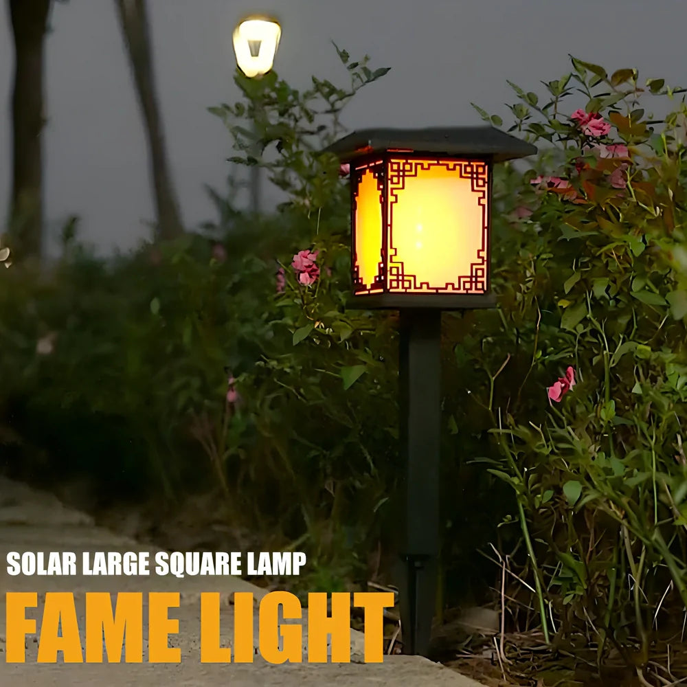 Square solar garden light with LED illumination for outdoor pathways