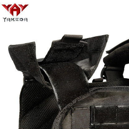 Combat camouflage tactical vest with adjustable waist showing 600D polyester construction and multiple pattern options