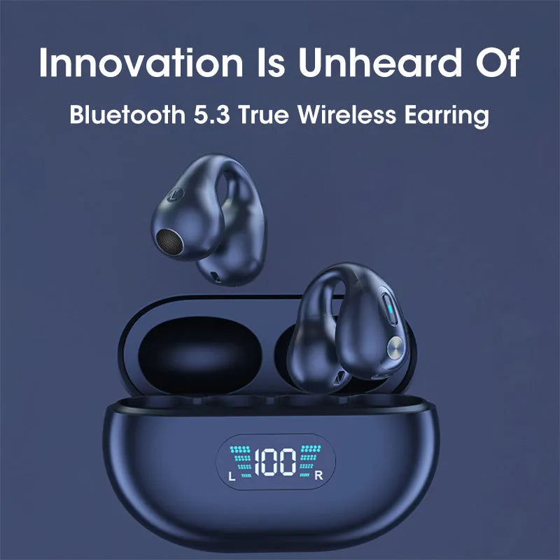 Bone conduction Bluetooth headset clip in black resting on ear with charging cable