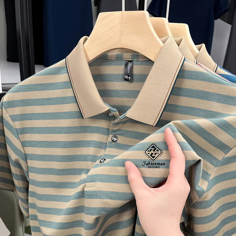 Men's striped mosaic pattern short sleeve casual top in blue, showing size label and fabric detail