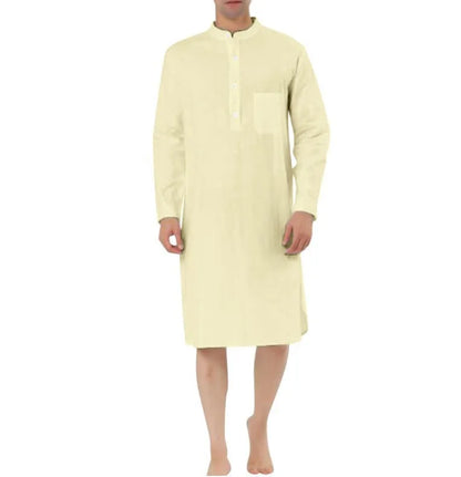 Men's cotton shirt robe in a light blue colour with a front chest pocket and button front.