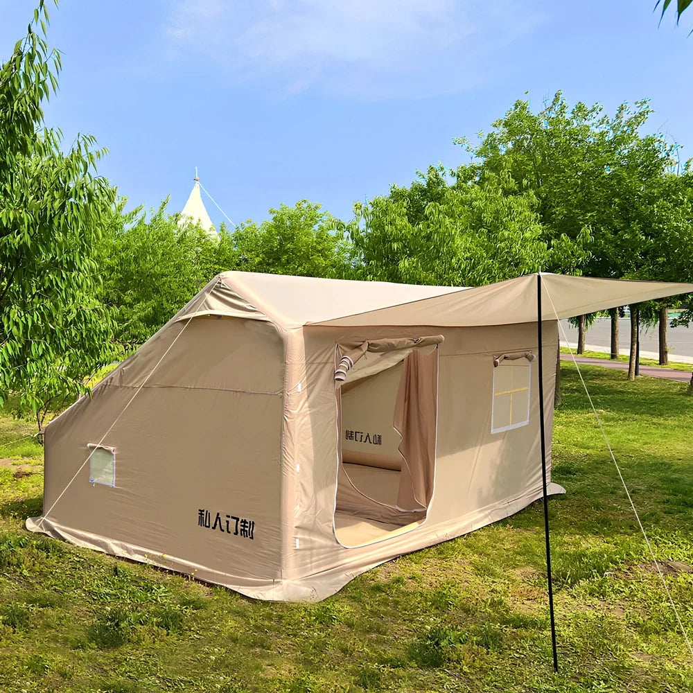 Double-layer inflatable cotton tent, 12sqm for 3-4, with pump and stakes for quick camping setup