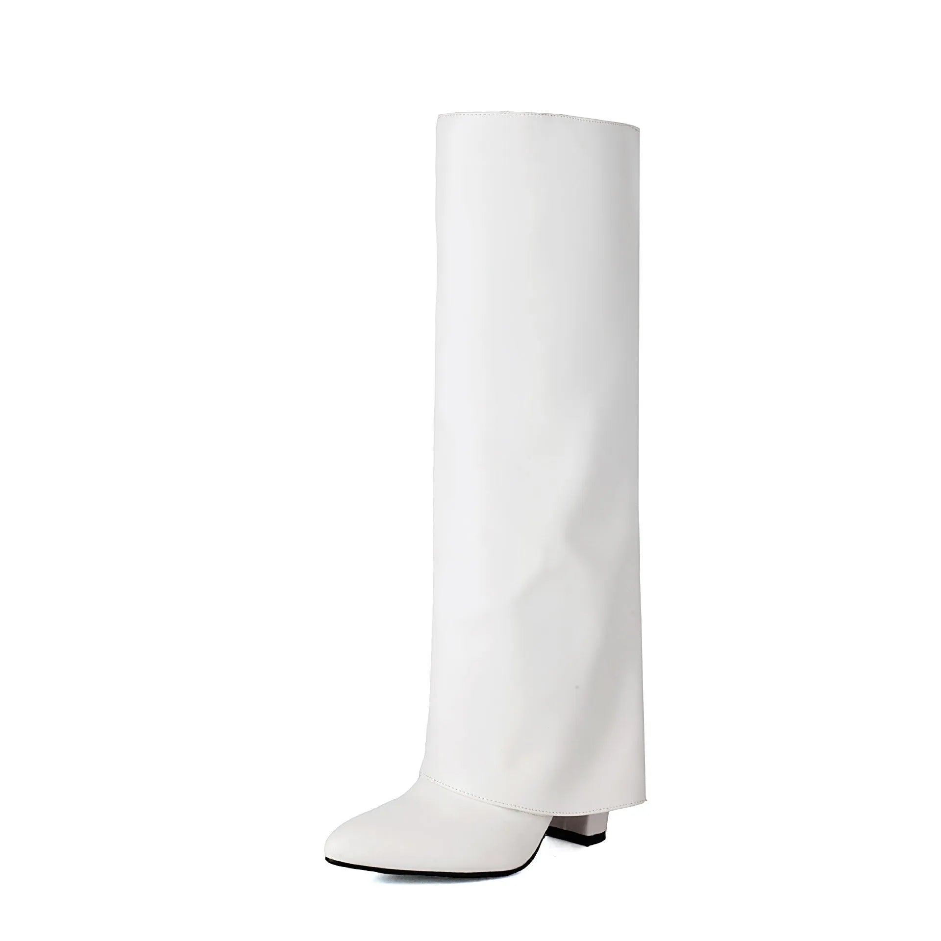 Women's plus size black high heel boot with high shaft and sewing line detailing on artificial PU material.