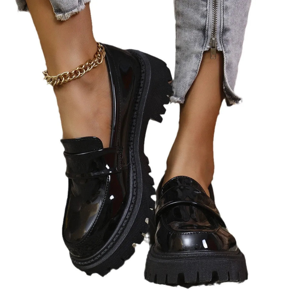 Plus size slip-on loafers with chunky platform heel in black, wine red, or green, showing rubber sole and middle top design.