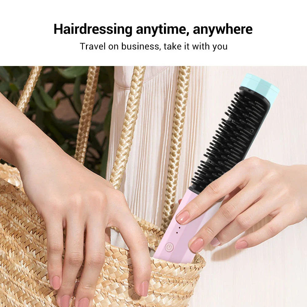 Cordless hair straightening brush with adjustable temperature settings, anti-scalding design, and high-capacity rechargeable battery for convenient, salon-quality styling.