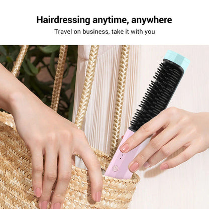 Cordless hair straightening brush with adjustable temperature settings, anti-scalding design, and high-capacity rechargeable battery for convenient, salon-quality styling.