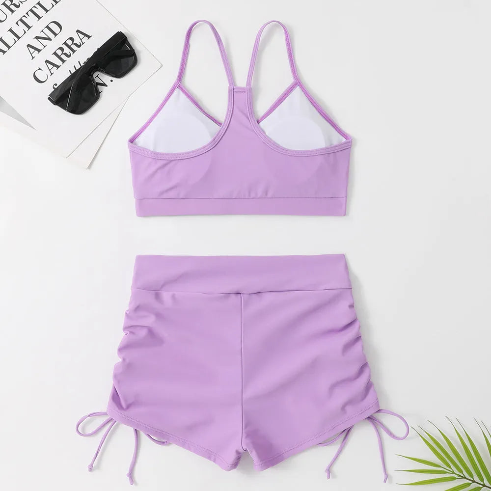 Women's purple or black high-waist split swimsuit with sleeveless design for swimming