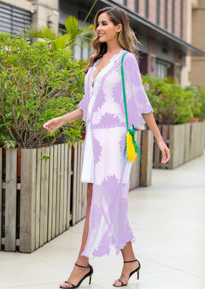 Light purple lace-embroidered beach dress cardigan laid flat, a free-size swimwear cover-up.