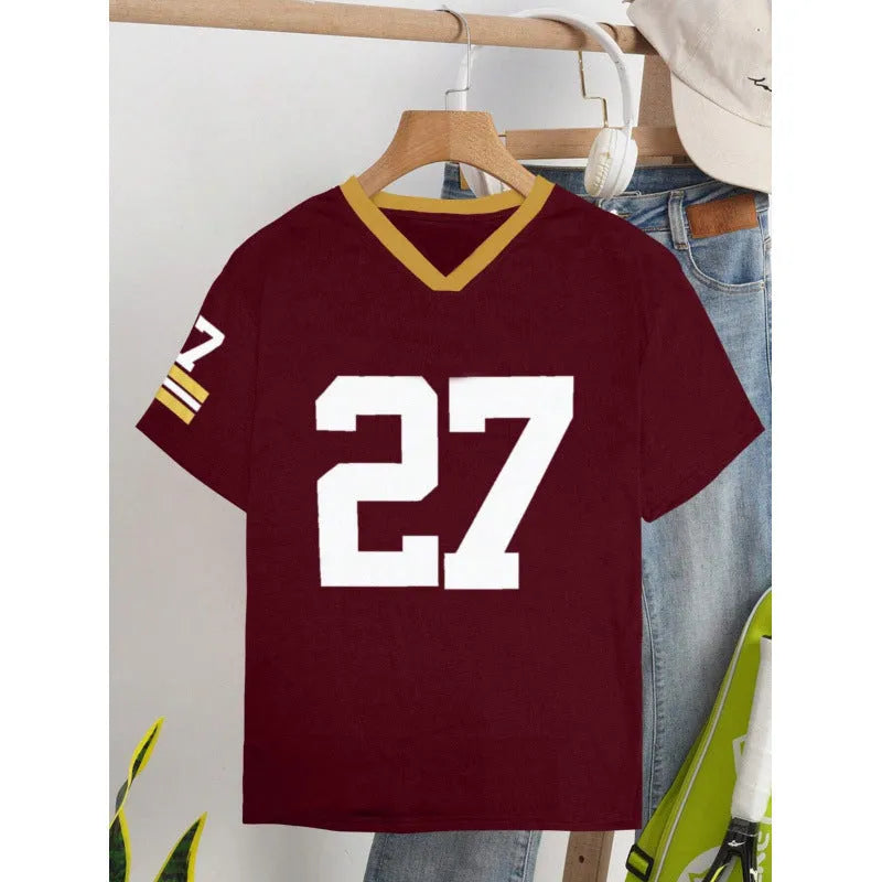 Man's loose-fit red cotton T-shirt with a digitally printed graphic design on the front.