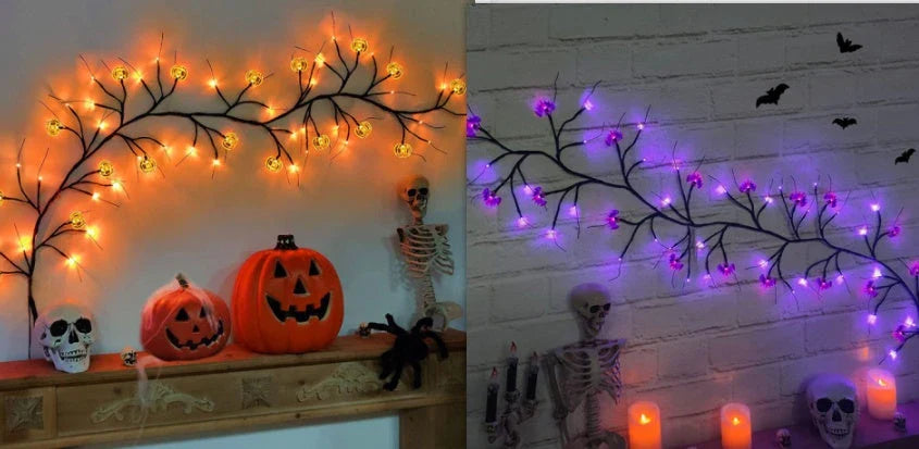 Halloween Willow Vine String Lights with Spooky Bats and Pumpkins for Indoor and Outdoor Decoration