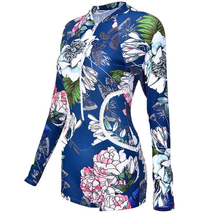 Nylon one-piece boxer swimsuit for diving in blue pattern or yellow flower print