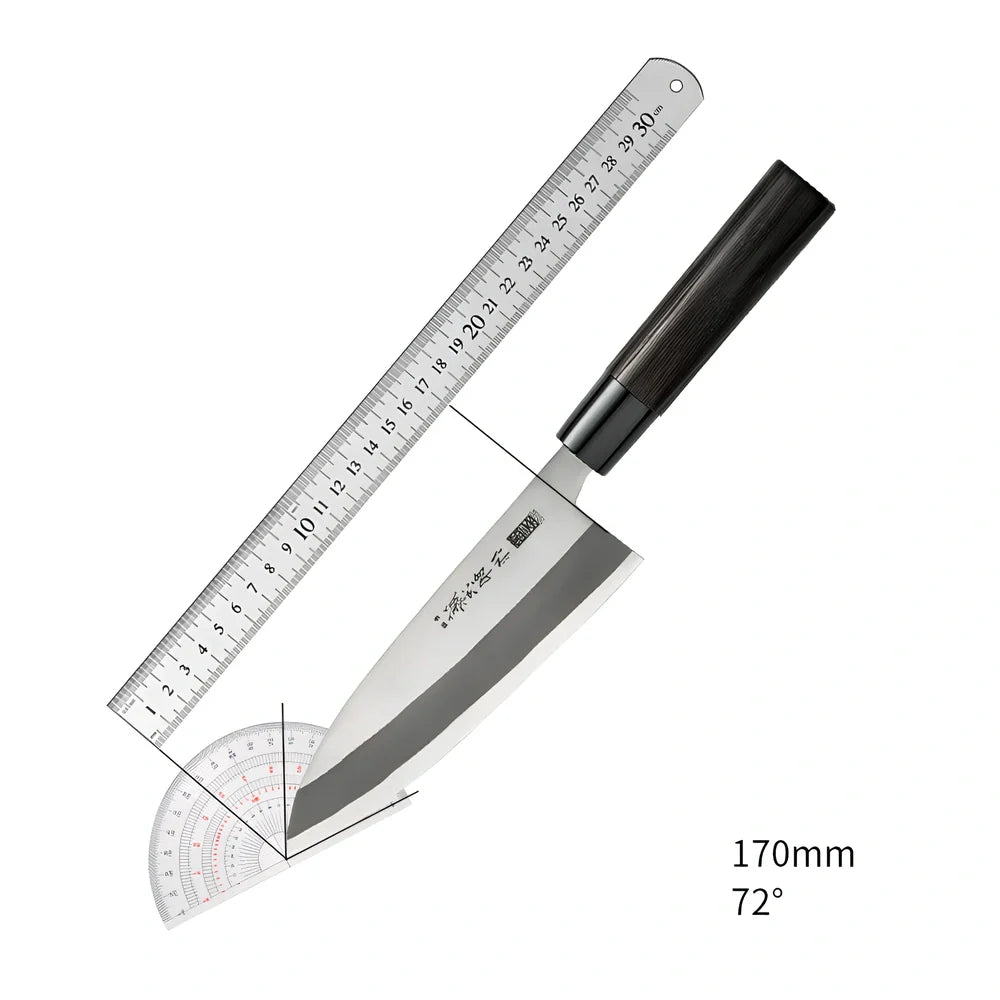 Stainless steel kitchen knife with 193mm blade, 62° point angle, and chestnut handle