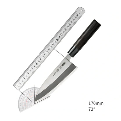 Stainless steel kitchen knife with 193mm blade, 62° point angle, and chestnut handle