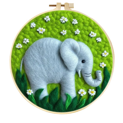 Round fabric embroidery kit with 20x20cm linen frame and wool felt for three-dimensional floral artwork