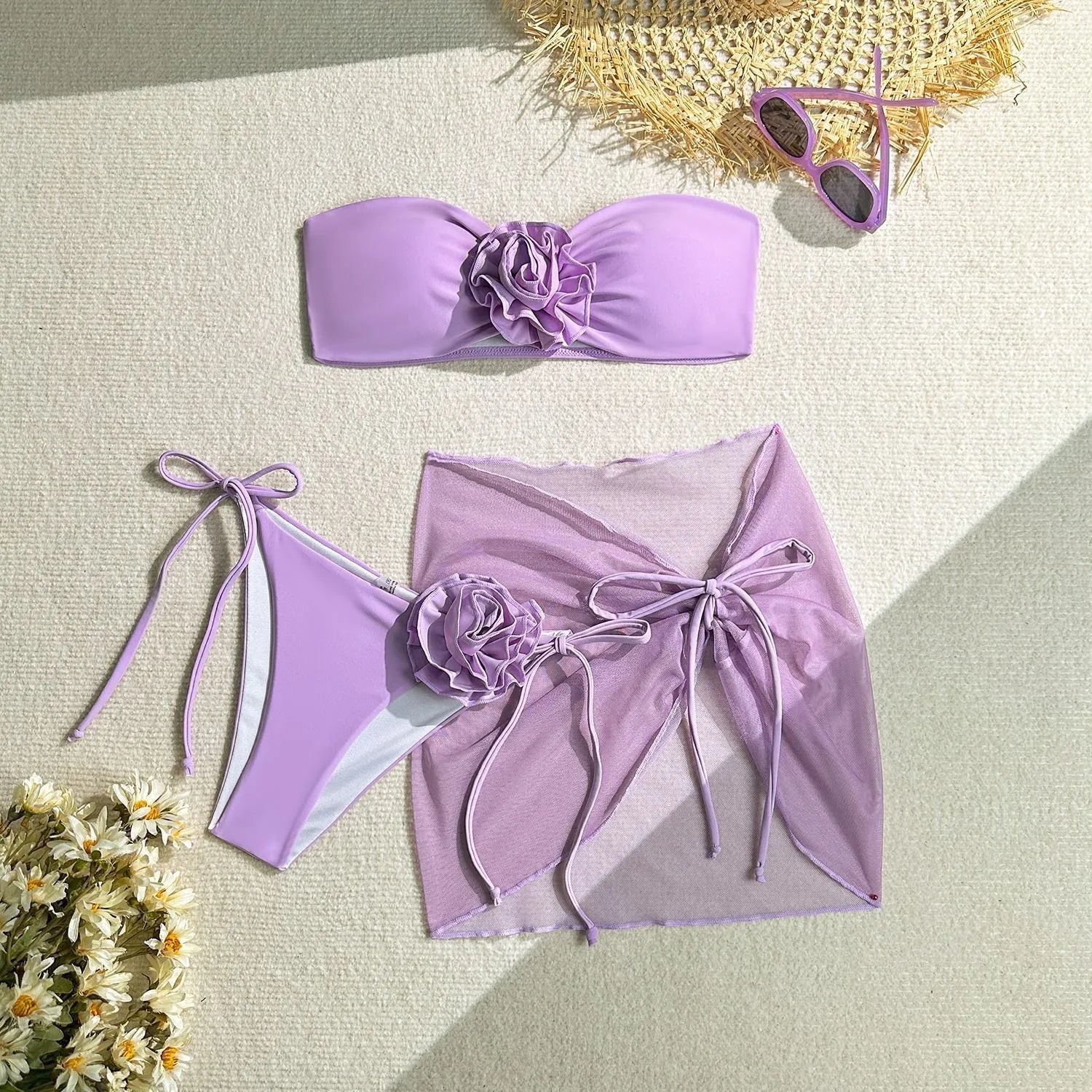 Women's pink tube top swimsuit with three-dimensional flower tie, matching pants and skirt for swimming