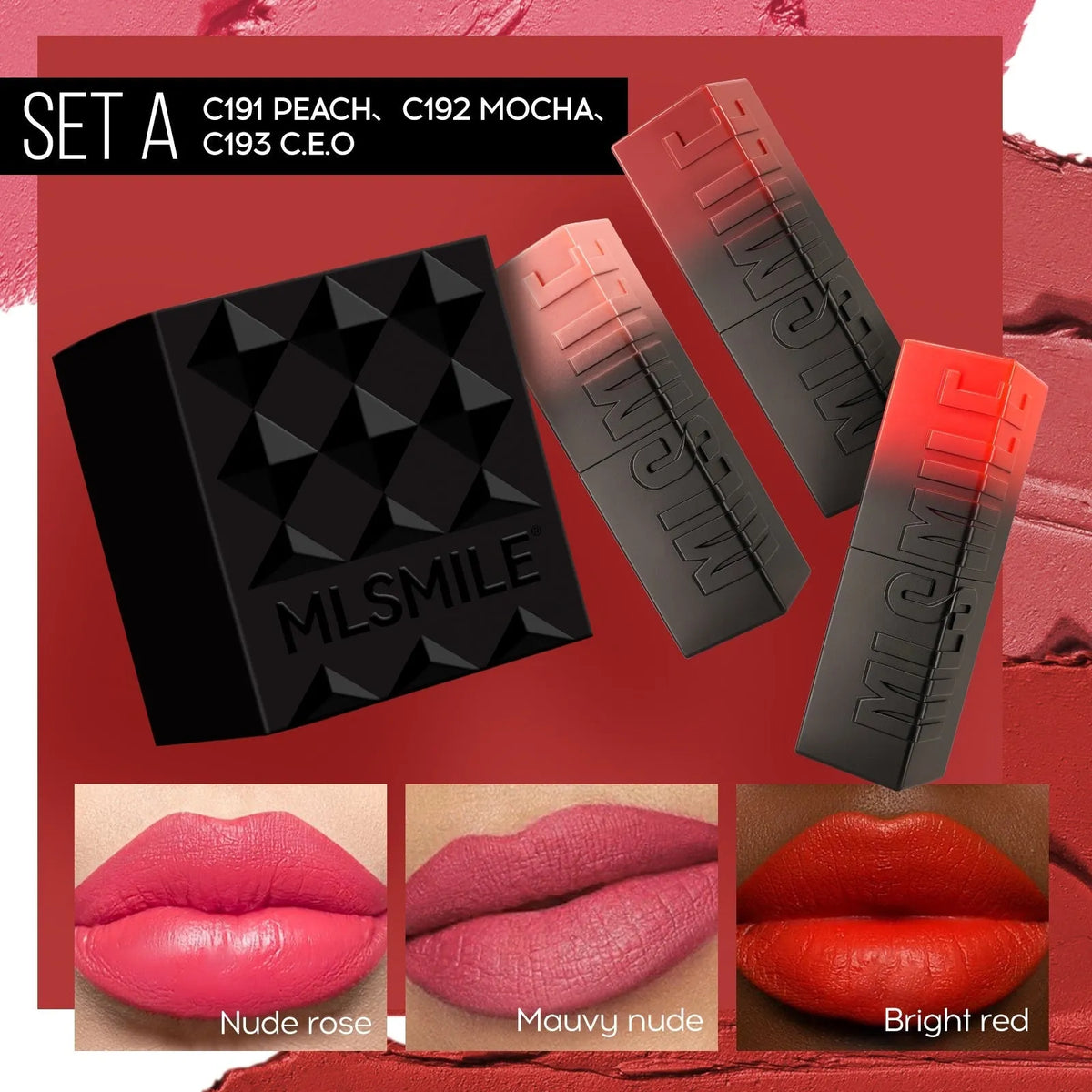 MLSMILE embossed lipstick three-piece set in open box showing three lipsticks.