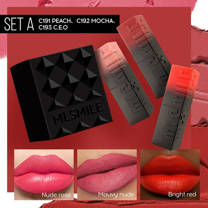 MLSMILE embossed lipstick three-piece set in open box showing three lipsticks.