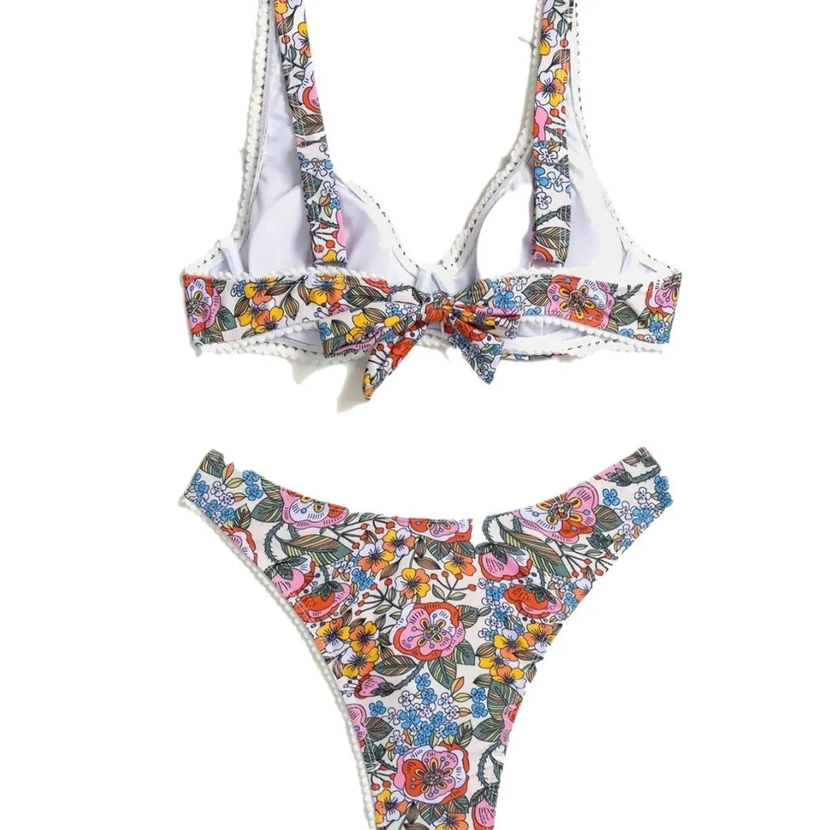 Women's floral print bikini with high waist briefs and adjustable ties.