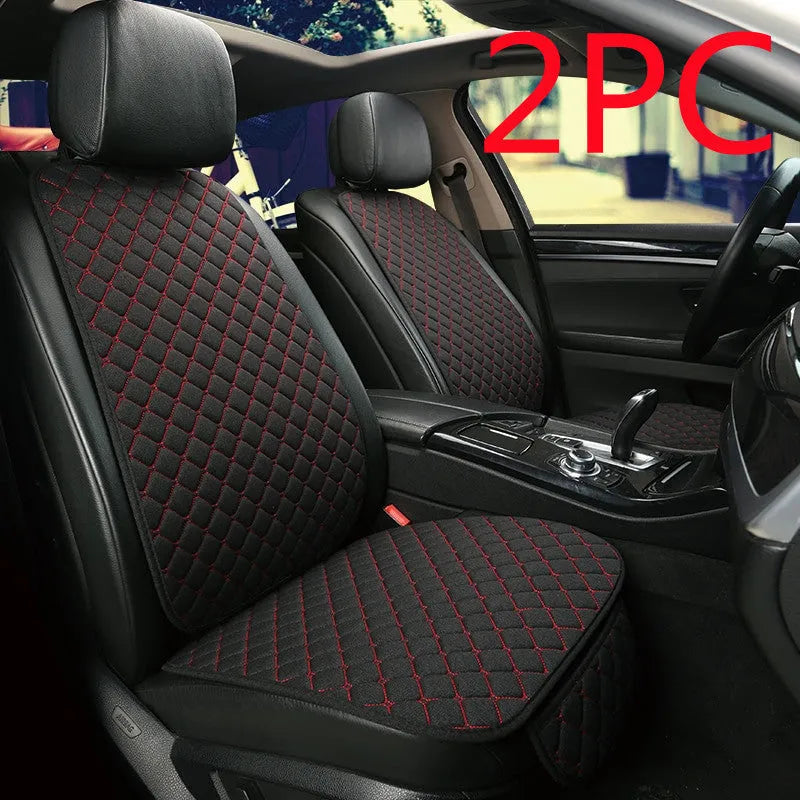 Flax linen car seat cover protector in beige, black, red and brown, with cushion and five-seat style options.