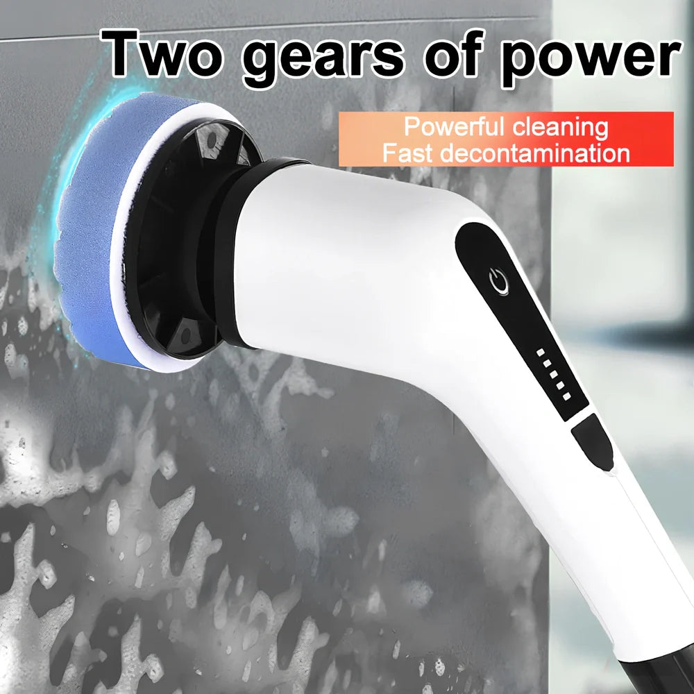 White 7-in-1 electric cleaning brush with telescopic rod and multiple brush heads for kitchen surfaces