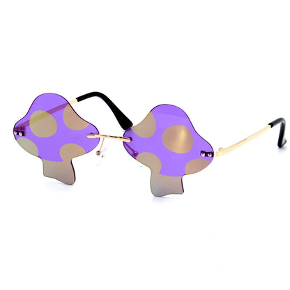 Rimless sunglasses with blue lenses and gold metal frames showing Class 3 protection and adjustable ports