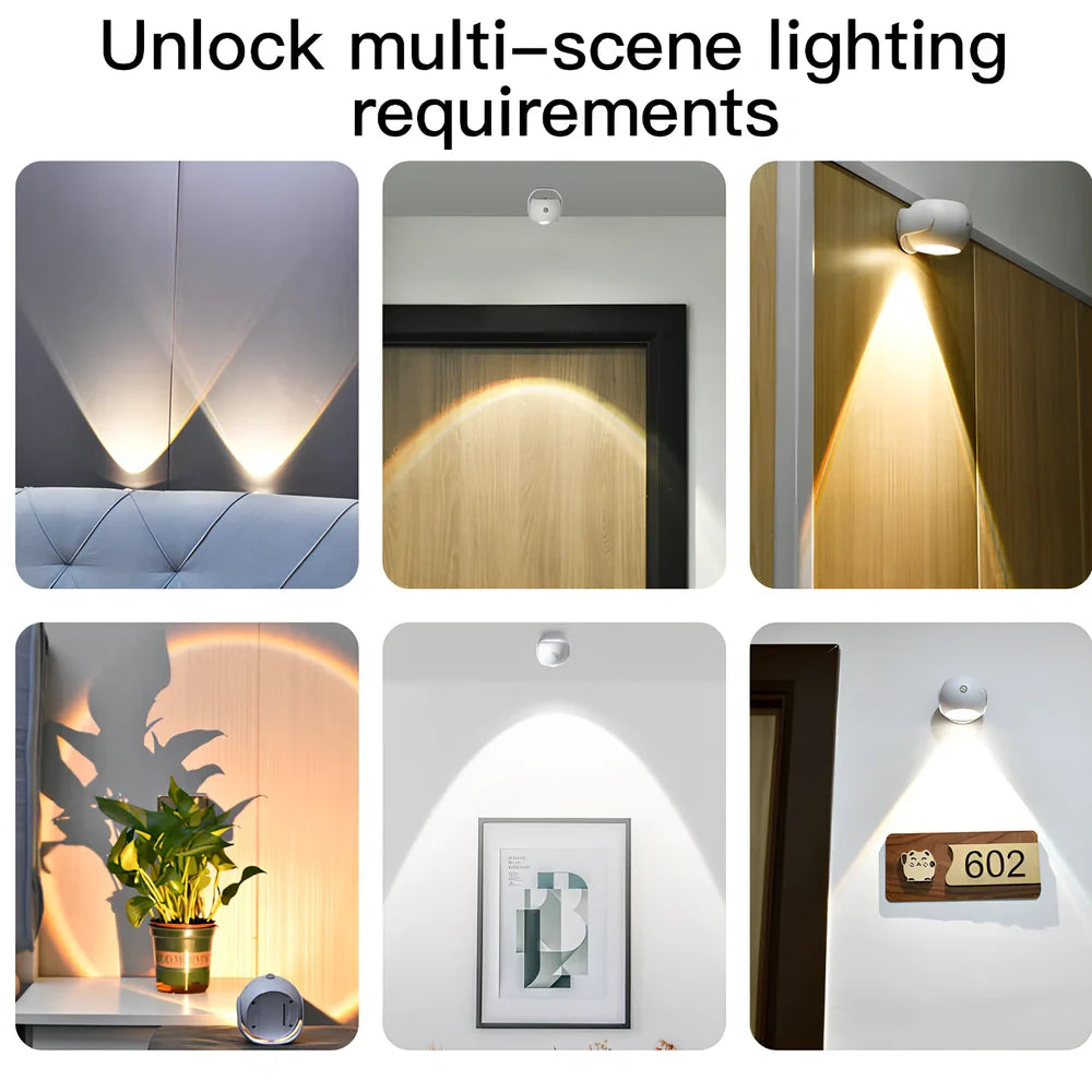 Adjustable angle human sensing wall light with rotating head and adhesive mounting for corridors