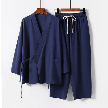 Cardigan-style hanfu two-piece suit in cotton linen blend, traditional Asian clothing set