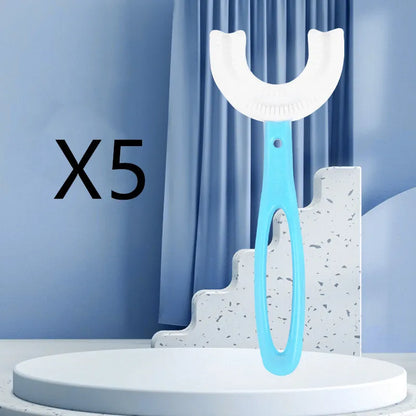 Children's U-shaped soft rubber toothbrush in pink and blue colours.