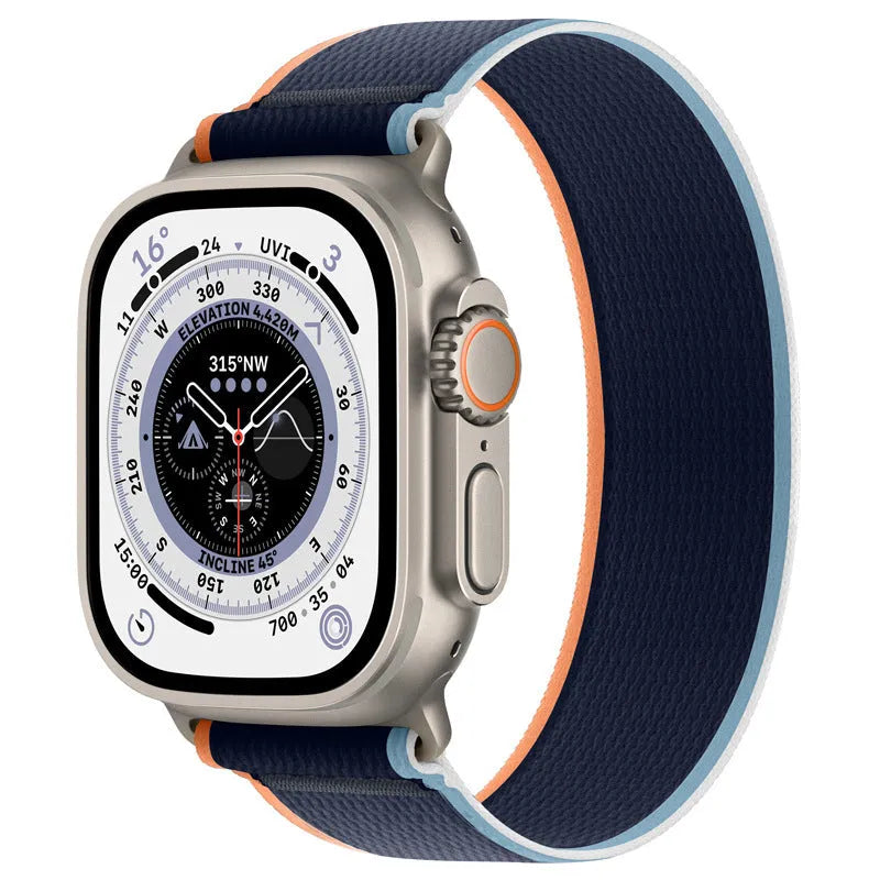 Nylon Apple Watch strap with single-ring closure in black and grey colour combination.