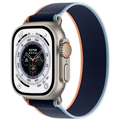 Nylon Apple Watch strap with single-ring closure in black and grey colour combination.