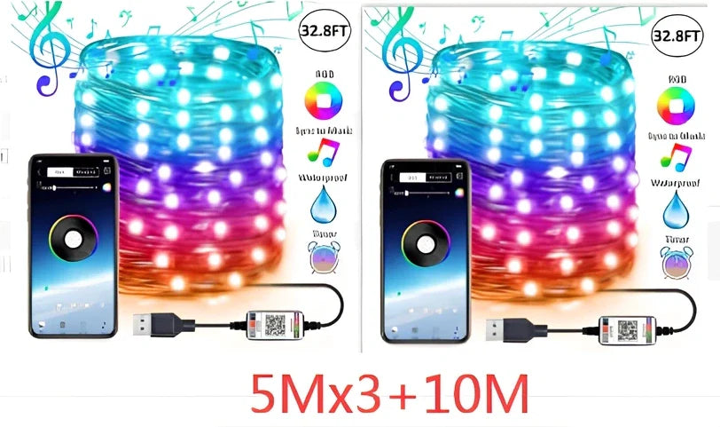 Programmable LED Christmas tree lights with app control showing custom colour animations on festive tree