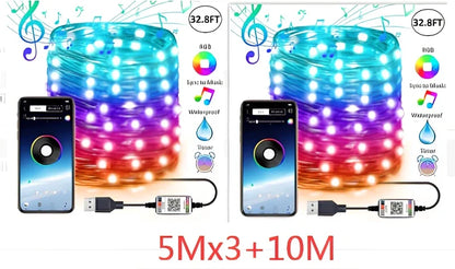 Programmable LED Christmas tree lights with app control showing custom colour animations on festive tree