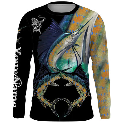 Men's grey pullover top with a colourful printed fish design on the front, showcasing long sleeves and a round neck.