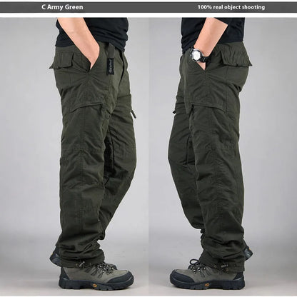Men's stone-washed cotton overalls with wool lining in khaki colour, showing loose fit and straight leg design