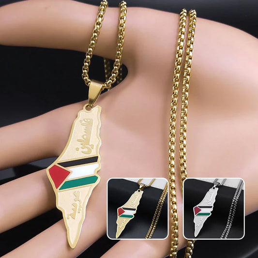 Stainless steel pendant necklaces featuring detailed maps of Israel and Palestine in vibrant colors